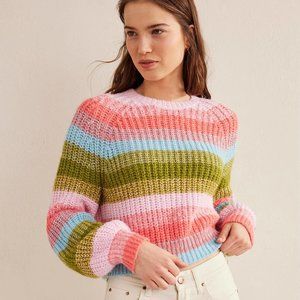 Boden fluffy ribbed raglan sweater in rainbow stripe, Size Large